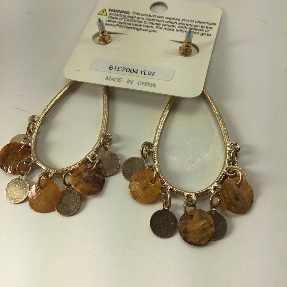 Boho Influence Oval Hoop Circle Dangle Post Earrings Gold-tone/Capiz Shell - Picture 4 of 5